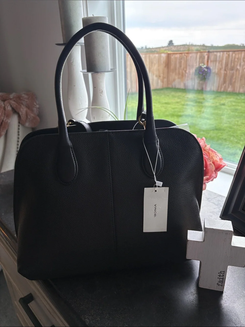 Vince Black Pebbled Leather Satchel with Dual Top Handles